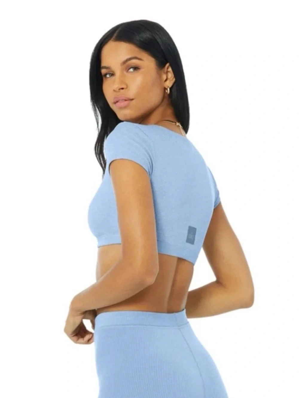 ALO Yoga Blissful Henley Bra Top in Sky Blue Size Large